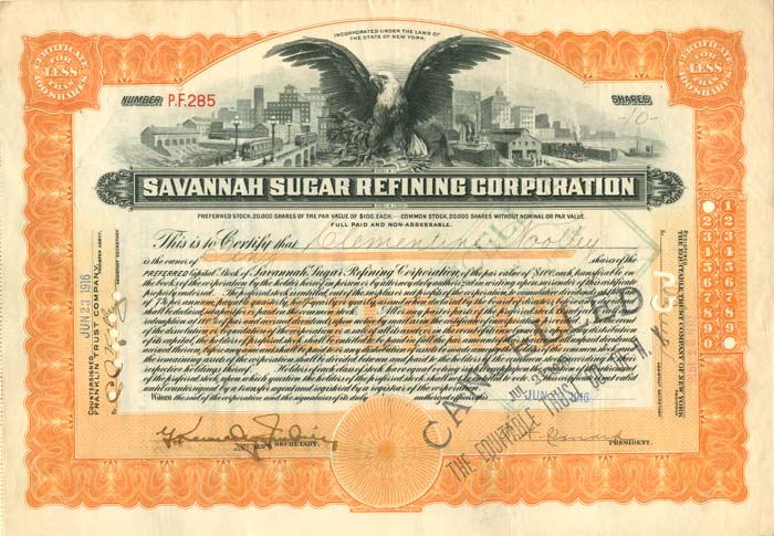 Savannah Sugar Refining Corporation - Stock Certificate